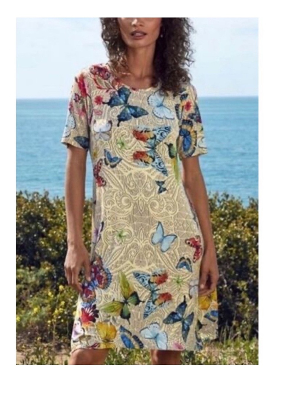 Johnny Was Mitchi whimsical swing asymmetrical butterfly print dress